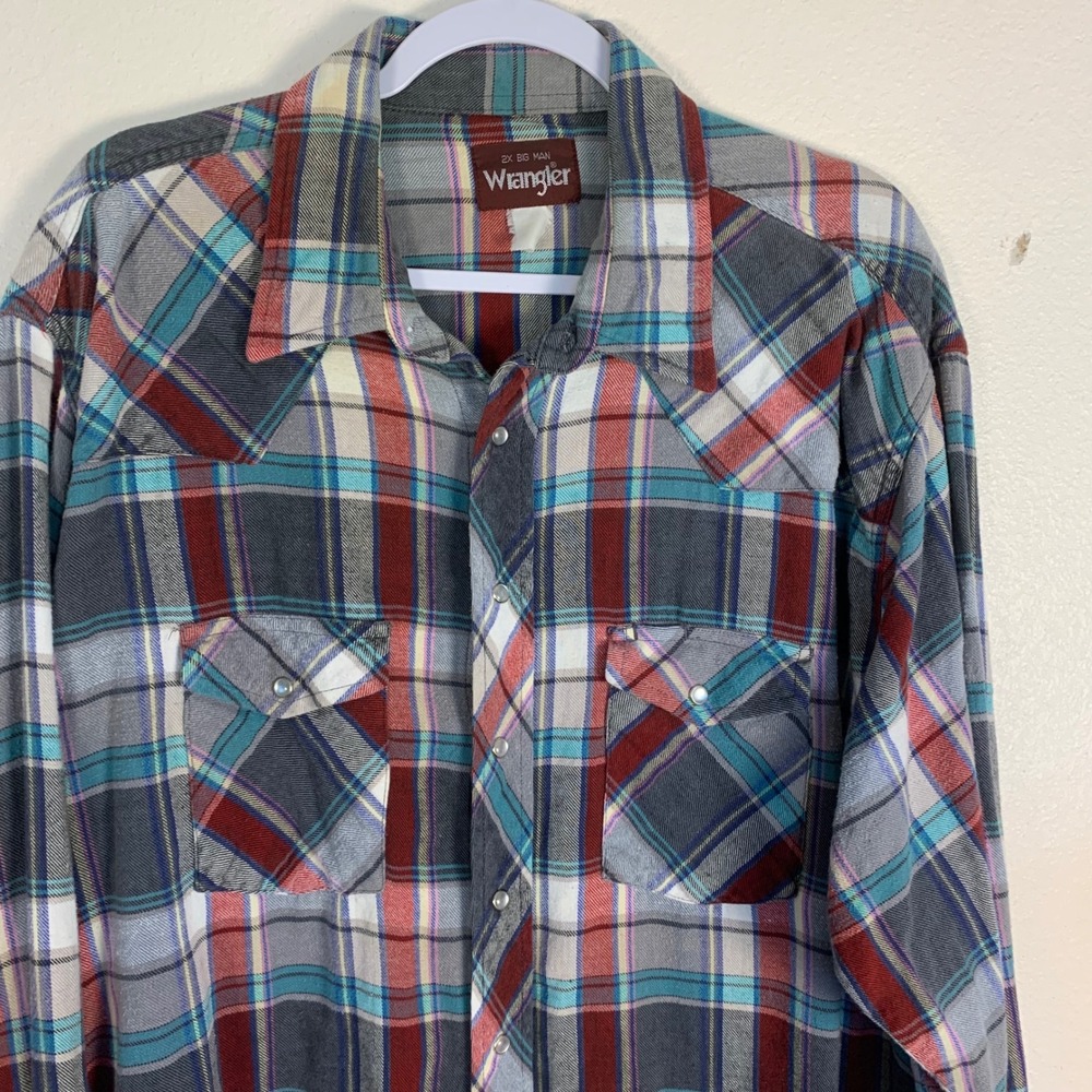Wrangler Mens 2X Big Man Western Plaid Pearl Snap‎ Flannel Shirt Blue Red Grey